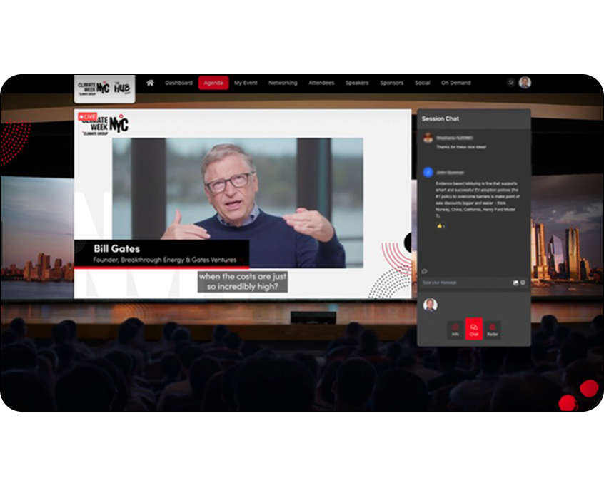 A screenshot showing a virtual audience watching Bill Gates