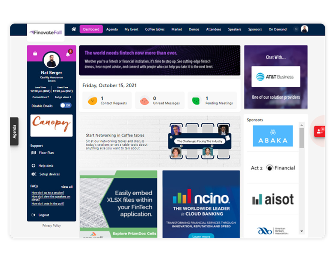 A screenshot showing the UI from finovate fall conference