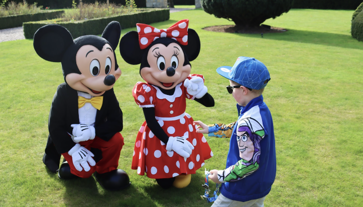A graphic showing a boy meeting Mickey Mouse