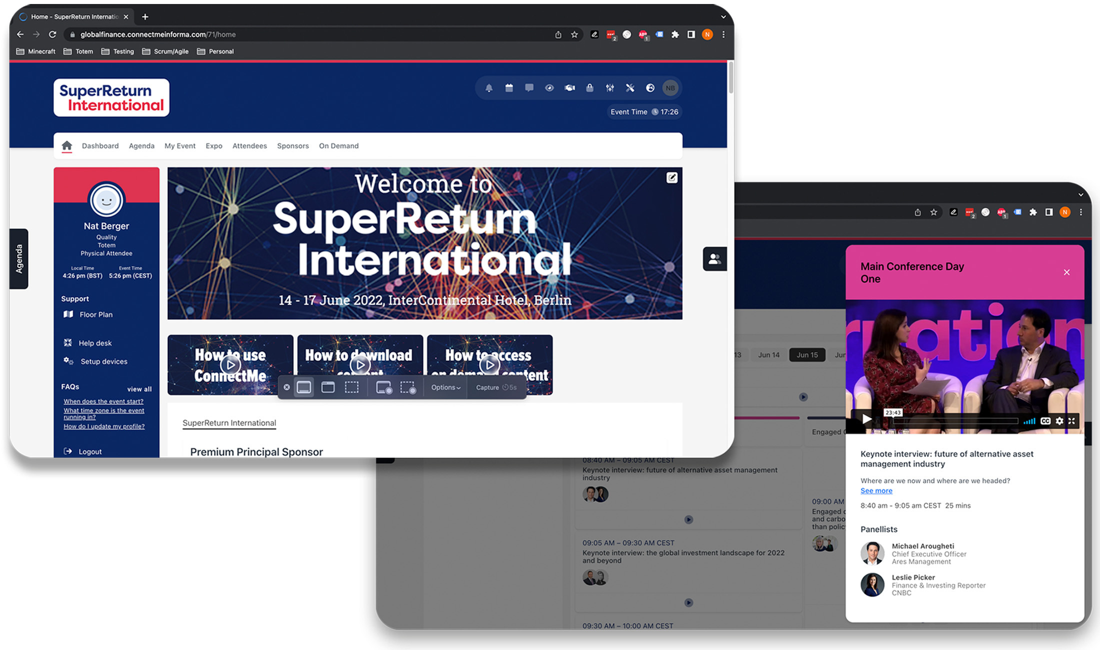 A screenshot showing the agenda and sessions at SuperReturn International
